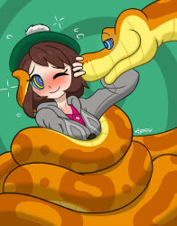  astron blush brown_hair clothed coils femsub gloria_(pokemon) happy_trance hat hypnotic_eyes kaa_eyes nintendo one_eye_open pokemon pokemon_sword_and_shield resisting smile snake  rating:questionable score: user:zzzzzulu