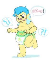 absurdres angry animals_only blue_hair cuddlehooves cuddlehooves_(character) diaper furry green_eyes male_only malesub non-human_feet original paws shota surprised yellow_skin rating:Questionable score:10 user:Mattlau04