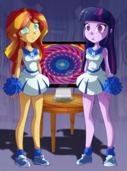 blonde_hair cheerleader empty_eyes equestria_girls erohd expressionless femsub hypnotic_screen multicolored_hair my_little_pony pink_hair purple_hair red_hair standing standing_at_attention straight-cut_bangs sunset_shimmer text twilight_sparkle rating:Safe score:166 user:HypnoHammer
