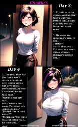 absurdres ai_art before_and_after big_hero_6 black_hair blush breast_expansion caption comic dialogue female_only femsub gogo_tomago gregory_michelson_(generator) maledom night outdoors pants sexism shirt short_hair shrunken_irises standing text transformation virus rating:Questionable score:80 user:Greg2470