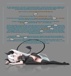  absurdres ass blue_eyes caption chntiixx_(manipper) demon_girl femdom horns huizhiyin hypnotic_tail legs long_hair looking_at_viewer lying manip panties pov pov_sub succubus tail text thighhighs thighs white_hair  rating:explicit score: user:chntiixx