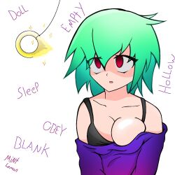 breasts coin dazed empty_eyes female_only femsub green_hair large_breasts mintlemon open_mouth original pendulum red_eyes text rating:questionable score: user:guy6359