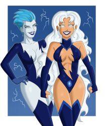 alien alien_girl alternate_costume blue_hair breasts cleavage corruption dc_comics female_only femdom femsub glowing glowing_eyes happy_trance large_breasts livewire long_hair polmanning short_hair smile starfire super_hero superman_(series) teen_titans western white_hair rating:Questionable score:82 user:PolManning