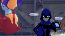 aware cloak clothed confused dc_comics dialogue dogdog drool english_text female_only floating goth grey_skin multiple_girls purple_eyes raven red_hair spit_trail starfire text thumb_sucking trance_break rating:Safe score:1 user:Bootyhunter69
