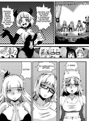 breasts character_request comic female_only femsub glasses greyscale jaisen_rei long_hair original short_hair spanish stage_hypnosis text translated rating:Questionable score:51 user:Mattlau04