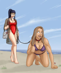 all_fours barefoot beach bikini black_hair blonde_hair chisty_(hypnochist) collar crossed_eyes drool female_only femdom femsub glasses green_eyes happy_trance hypnolion imasuky_lomae_(imasuky) leash one-piece_swimsuit open_mouth original pet_play red_eyes story swimsuit tongue tongue_out rating:Questionable score:111 user:Hypnolion