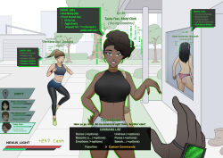 absurdres against_glass ass black_hair brown_hair chicken_pose crop_top dark_skin dialogue earrings english_text female_only femsub financial_domination game_controller gameplay_mechanics green_eyes happy_trance jewelry large_breasts long_hair midriff multiple_girls multiple_subs necklace nexus_light original panties pet_play ponytail pov pov_dom short_hair shorts shrunken_irises small_breasts sports_bra sportswear tech_control text tights user_interface wrist_band rating:Questionable score:203 user:Nexus_Light