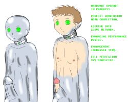 bodysuit bottomless chubish collar erection glowing glowing_eyes inflation malesub nude original penis robotization short_hair tech_control text topless transformation white_background rating:explicit score: user:deleted002