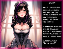 ai_art big_hero_6 black_hair blush bow brown_eyes caption cleavage cuffs dialogue domestication female_only femsub gogo_tomago gregory_michelson_(generator) kneeling large_breasts leaning_forward lipstick long_hair maid maid_headdress red_lipstick smile standing text rating:Questionable score:107 user:Greg2470