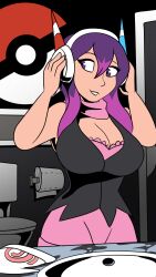 breasts cleavage clothed female_only gemna_(mezz+pokemongirl) headphones howling_mad_fox_hatter hypnotic_accessory hypnotic_audio large_breasts nintendo original pokemon pokemon_black_and_white_2 purple_eyes purple_hair skirt smile trigger western rating:Safe score:93 user:solddate