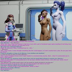 3d blue_hair blue_skin bottomless breasts brown_hair caption d.va dazed dialogue expressionless female_only femdom femsub happy_trance hypnotic_accessory long_hair microchip nude open_mouth overwatch ponytail smile sombra_(overwatch) spllcstr tech_control text topless widowmaker rating:Explicit score:23 user:Spllcstr