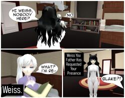 3d absurdres blake_belladonna blue_eyes cat_ears cat_girl collar comic femsub graybot hypnotic_accessory rwby tech_control tepmarmy text weiss_schnee rating:Questionable score:18 user:BlueMonday1984