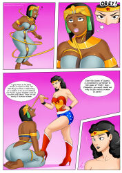 absurdres asterix_(series) barefoot black_hair bondage boots bottomless breasts cleopatra_(asterix) comic dark_skin dc_comics egyptian empty_eyes expressionless feet female_only femdom femsub gold harem_outfit high_heels jewelry kneeling large_breasts lasso_of_truth nude oo_sebastian_oo short_hair super_hero text topless turning_the_tables whip wonder_woman yuri rating:Questionable score:103 user:DaisyHypnoCharm