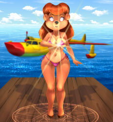 absurdres barefoot bear_girl bikini breasts brown_hair clothed_exposure disney erohd expressionless feet femsub furry hooves hypnotic_accessory long_hair micro_bikini midriff milf non-human_feet rebecca_cunningham talespin whitewash_eyes rating:Questionable score:63 user:daveyboysmith9