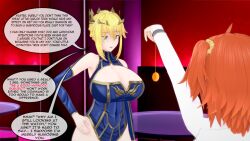 artoria_pendragon_(lancer) blonde_hair breasts cleavage eyebrows_visible_through_hair fate/grand_order fate_(series) female_only femdom green_eyes hand_on_hip huge_breasts lillytank_(positionist) lillytank_(writer) open_mouth orange_hair pendulum ritsuka_fujimaru sequence short_hair text unaware rating:Safe score:71 user:LillyTank