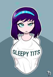 breasts dazed empty_eyes femsub harvestman_here large_breasts natalie_(harvestman_here) original purple_hair ring_eyes sleepy t-shirt rating:questionable score: user:harvestman_here