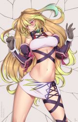 ahoge bare_shoulders blonde_hair breasts brown_hair choker crossed_eyes dazed empty_eyes femsub gloves green_hair lillytank_(manipper) lindaroze long_hair lying manip milla_maxwell miniskirt multicolored_hair navel red_eyes skirt solo tales_of_(series) tales_of_xillia thighs rating:Safe score:79 user:LillyTank