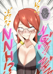 blush breasts brown_eyes cleavage dialogue female_only femsub glasses hard_translated large_breasts lorelei na_shacho nintendo pokemon pokemon_firered_and_leafgreen red_hair sweat text translated trigger rating:Questionable score:32 user:Zyfire