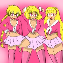 bimbofication blonde_hair femsub fuu_hououji hikaru_shidou magic_knight_rayearth megagundamman pink_eyes skirt umi_ryuuzaki rating:questionable score: user:megagundamman