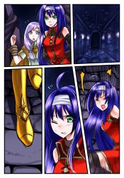 ahoge alternate_costume armor arms_behind_back bare_shoulders blue_hair blush bo_(774berry) boots cape cloak corruption dress femdom femsub fire_emblem fire_emblem_radiant_dawn gloves gold green_eyes headband hood ilyana long_hair mia_(fire_emblem) mist_(fire_emblem) nintendo one_eye_open purple_eyes purple_hair restrained sweat tagme rating:Safe score:15 user:wokeat4am