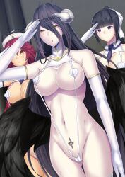 albedo_(overlord) black_hair blue_eyes blush breasts cleavage collar corruption crotch_tattoo daiaru empty_eyes erect_nipples expressionless female_only femsub gloves horns hypnotic_tattoo large_breasts long_hair lupusregina_beta monster_girl multiple_girls narberal_gamma navel open_mouth opera_gloves overlord ponytail pussy saluting standing standing_at_attention succubus tattoo tie twin_braids wings yellow_eyes rating:Explicit score:82 user:KJay