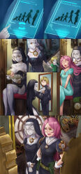 absurdres breast_feeding breasts brown_eyes comic genderswap ibenz009 large_breasts long_hair pink_hair robot text white_hair rating:Questionable score:8 user:sk00