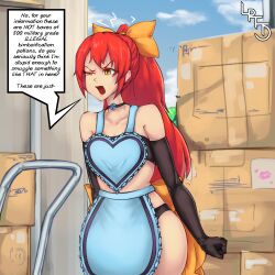 absurdres angry apron bare_shoulders before_and_after bimbofication bow bra choker collarbone comic dialogue female_only flat_chest gloves hair_ornament lapotato large_hips long_hair maid midriff open_mouth opera_gloves original outdoors panties ponytail red_hair signature speech_bubble standing text underwear yellow_eyes rating:Questionable score:90 user:da_janitor2