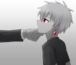  chin_hold earrings greyscale malesub original red_eyes short_hair tsukiura_luna  rating:safe score: user:zzzzzulu