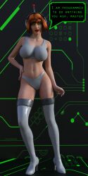 3d angie_(supertechno324) antenna dialogue female_only fembot femsub green_eyes happy_trance high_heels orange_hair original robot solo tech_control text theheckle rating:Questionable score:39 user:theheckle