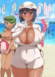 aether_foundation aether_foundation_employee beach bikini black_hair blue_eyes breasts cleavage clothed_exposure condom dark_skin dialogue empty_eyes femsub green_eyes green_hair happy_trance hat heart heterosexual huge_breasts lana_(pokemon) licking looking_at_viewer mallow_(pokemon) micro_bikini nintendo open_clothes pokemon pokemon_sun_and_moon popplio pussy_juice short_hair sweat text tongue tongue_out translated yamaori rating:Questionable score:102 user:TheGoodShank
