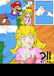 accidental_hypnosis blonde_hair blue_eyes comic confused crown dress earrings english_text femsub ghost gloves goomba looking_at_viewer maledom mario mustache nintendo open_mouth possession princess princess_peach super_mario_bros. super_mario_bros._wonder surprised text unhappy_trance vel rating:Safe score:16 user:AngryMan