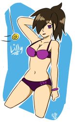 breasts brown_hair dazed drool female_only femsub lilly_(offlineryan) long_hair offlineapril open_mouth panties ponytail spiral_eyes symbol_in_eyes underwear rating:safe score: user:offlineryan