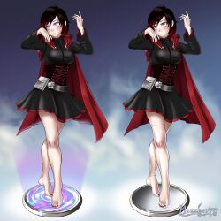 barefoot black_hair empty_eyes feet happy_trance mannequin mezzberry multicolored_hair posed red_hair ruby_rose rwby short_hair spiral_eyes symbol_in_eyes transformation rating:safe score: user:mezzberry