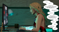 3d aella_(amazonarrow) amazonarrow bare_shoulders blonde_hair blue_eyes computer dialogue expressionless femsub long_hair original red_lipstick tech_control text rating:safe score: user:3cle's