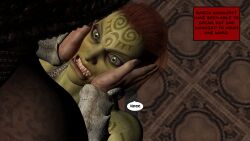 3d absurdres angry bondage breasts brown_hair comic dialogue dreadlocks female_only femdom femsub green_skin large_breasts long_hair muscle_girl orc orc_girl red_hair resisting text the_mad_prince rating:Questionable score:1 user:TheMadPrince