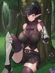 bare_shoulders black_hair blush elf elf_ears female_only femsub gloves hypnotic_gas hypnotic_plant kkamja large_breasts long_hair open_mouth original outdoors ponytail shorts sweat thighhighs rating:Questionable score:91 user:Penlight