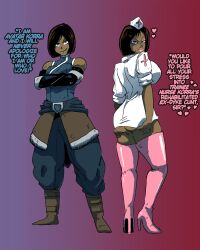 alternate_costume ass avatar_the_last_airbender before_and_after blue_eyes boots breasts brown_hair corruption dark_skin evil_smile femsub forced_employee gloves hat heart high_heels korra legend_of_korra lipstick makeup miniskirt nickelodeon nurse opera_gloves ruined_life sexism sexuality_change shishikasama short_hair skirt smile text thighhighs verbal_abuse western rating:Explicit score:131 user:Fic