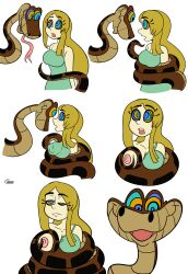 absurdres barefoot blonde_hair breasts coils comic dazed disney dress drool femsub happy_trance hypnotic_eyes kaa kaa_eyes large_breasts long_hair lucetta_tamora maledom nipples open_mouth original penken simple_background smile snake the_jungle_book white_background rating:Questionable score:121 user:Letterabcd