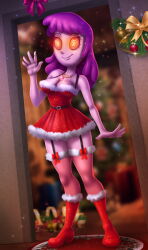 14-bis absurdres bare_shoulders boots breasts cheerilee christmas christmas_tree cleavage equestria_girls femsub happy_trance high_heels hypnotic_accessory large_breasts leggings long_hair my_little_pony necklace pink_hair pink_skin santa_costume smile spiral_eyes story symbol_in_eyes rating:Questionable score:45 user:daveyboysmith9