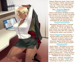 bare_legs blonde_hair brain_drain breasts business_suit caption chair cleavage dark_skin embarrassed femsub hypnotic_drug jewelry large_breasts legs lorese_(manipper) manip necklace office_lady oohara_kyuutarou pov pov_dom short_hair short_skirt sitting skirt text thighs undressing yellow_eyes rating:Questionable score:138 user:Lorese