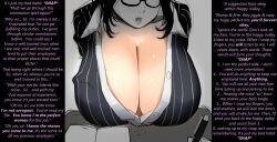 bra breasts business_suit caption cleavage female_only femdom glasses huge_breasts hypnotic_breasts khreissy_(manipper) kloah manip mantra office_lady open_mouth original pov pov_sub text underwear rating:explicit score: user:khreissy