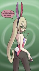 bunnysuit cuffs dialogue magilou_(tales) mythkaz open_mouth tales_of_(series) tales_of_berseria text rating:Questionable score:36 user:mythkaz