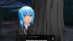 3d absurdres black_hair blue_eyes blue_hair breasts custom_maid_3d_2 dialogue femsub open_mouth school_uniform surprised swallow774 tech_control text tie translated rating:Safe score:4 user:kegmeg