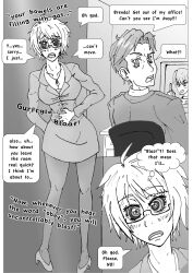 absurdres comic disgustinggirl_(manipper) eshie fart femdom femsub glasses greyscale humiliation humor manip monochrome office open_mouth original resisting skirt tech_control text trigger rating:Questionable score:25 user:disgustinggirl