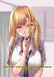 amagiri_miki blonde_hair blush breasts choker cleavage collarbone earrings femsub finger_to_mouth hard_translated large_breasts long_hair marin_kitagawa my_dress-up_darling one_eye_open red_eyes school_uniform smile text tie translated wink rating:Safe score:13 user:roseateheart