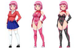 before_and_after blush boots cleavage corruption empty_eyes female_only femsub gloves happy_trance high_heels leotard navel opera_gloves pink_eyes pink_hair rubber rururu school_uniform shoes short_hair simple_background skirt socks thigh_boots thighhighs white_background rating:Safe score:43 user:VortexMaster