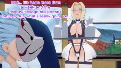 blonde_hair blue_hair breasts clothed clothed_exposure dialogue dogdog english_text expressionless femsub glasses maid maledom mask milk naruto_(series) purple_eyes text tray tsunade rating:Explicit score:1 user:Bootyhunter69