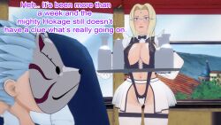 3d blonde_hair blue_hair breasts clothed clothed_exposure dialogue dogdog english_text expressionless femsub glasses maid maledom mask milk naruto_(series) purple_eyes text tray tsunade rating:Explicit score:1 user:Bootyhunter69