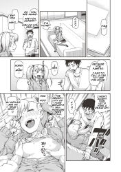 absurdres akitsuki_itsuki blonde_hair blush breasts brother_and_sister comic couch femsub greyscale hard_translated holding_breasts incest maledom on_back open_mouth original ribbon school_uniform text tie translated twintails rating:Questionable score:33 user:HypnoMangaEditor
