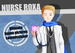 absurdres blonde_hair blue_eyes hypnotic_accessory male_only maledom nurse_roxa_(roxa) oo_sebastian_oo original short_hair solo spiral rating:safe score: user:roxa